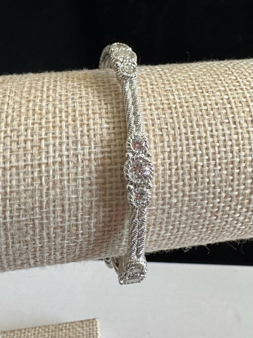 Judith Ripka 925 Silver Textured Bangle w/ Stations 3  Round Diamonique Crystals - Picture 7 of 9